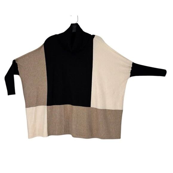 Aedan Colorblock Oversized Sweater Soft Stretch Knit Medium Beige Black Cream - Picture 3 of 10